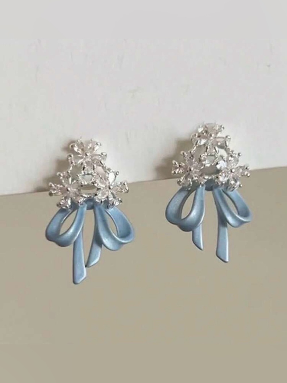 Light Blue Ribbon Crystal Floral Drop Earrings A2102